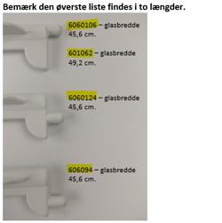 Oversigt over kantlister til glashylde i Vestfrost køleskab.